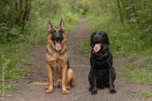 two dogs sit on footpath in forest, black and brown East European Shepherd and black Labrador, dogwalking concept