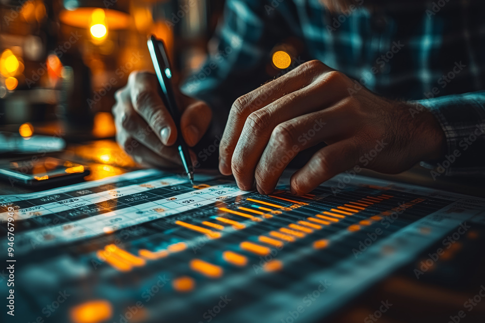 A manager analyzing a project timeline on a Gantt chart, reflecting project management and scheduling practices. Concept of project planning and time management.