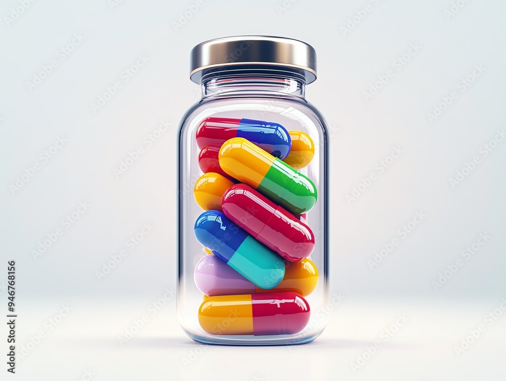 A clear glass jar filled with colorful capsules, showcasing various shapes and vibrant colors. Ideal for health-related themes. A clear glass jar filled with colorful capsules, showcasing various shapes and vibrant colors. Ideal for health-related themes.