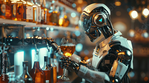 Futuristic Robot Bartender Pouring a Drink at a High-Tech Bar