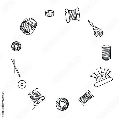 Sewing or Needlework Wreath or Circle Frame, Border for handmade classes, Handicraft. Hand drawn vector illustration of tools for Stitching. Threads Spools, Needles, Thimble, Needle Threader and Pad