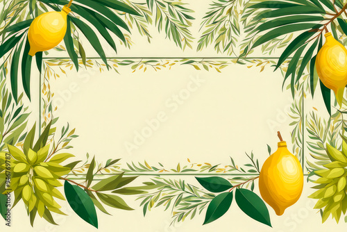 Decorative frame for Jewish holiday Sukkot. Stylized border with traditional holiday symbolic plants and citron fruits. Copy space