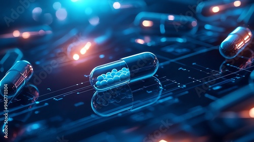 A futuristic digital representation of a capsule on a circuit board, blending technology and pharmaceuticals in a vibrant atmosphere.