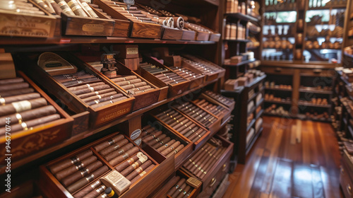 Cigar Shop Displaying Premium Cigars in Wooden Boxes
