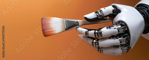 A robot hand holds a brush with flowing paint on a colored background with copy space. AI concept replaced artists