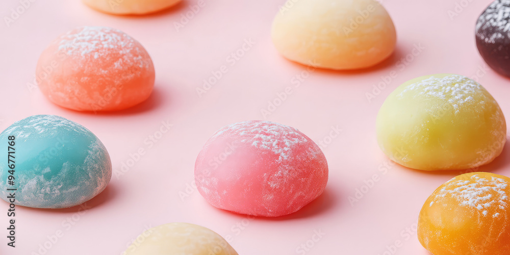 Obraz premium Creative composition of different round multi-colored mochi on a pastel colored background with copy space. Japanese dessert