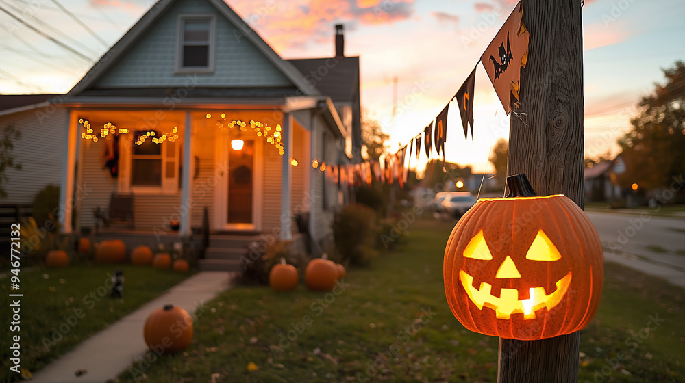 Fototapeta premium A chic Halloween porch at twilight, adorned with elegant pumpkins, glowing lanterns, and spooky minimalist decor.