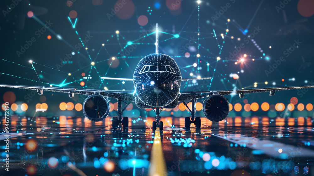 Airplane in Futuristic Hanger with Digital Interface and Glowing Lights