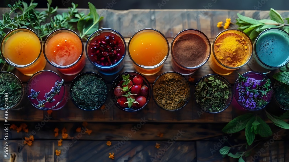 A table with many different colored drinks and herbs