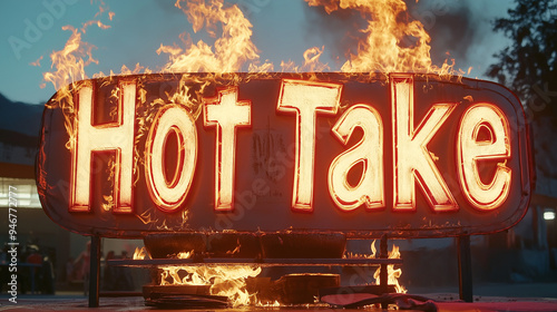 Hot Take words written over flames and a firey grill, trending social media phrase for unpopular opinion or sensational commentary