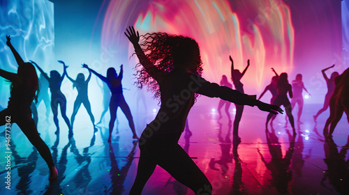 Energetic Dance Group Performing with Vibrant Lights and Abstract Visuals 