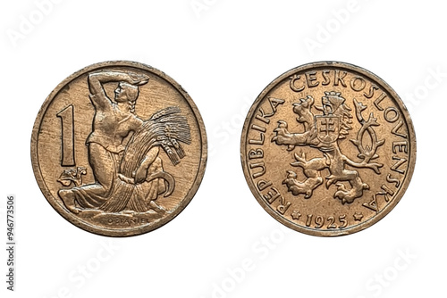 1 Koruna 1925 on white background. Coin of 			Czechoslovakia. Obverse Czech lion with Slovak shield. Reverse Woman with sheaf and sickle