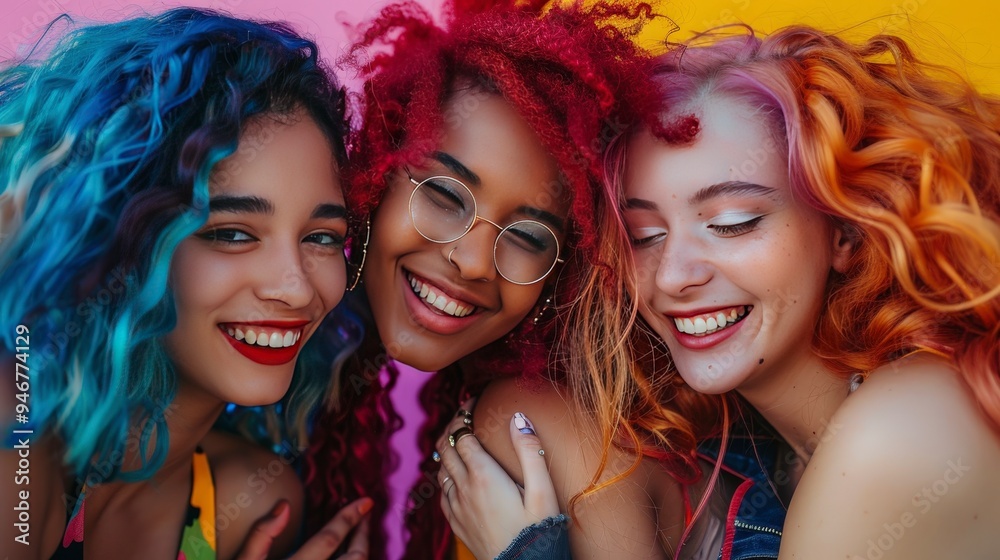 Obraz premium Three smiling women with colorful hair pose together against a vibrant background.