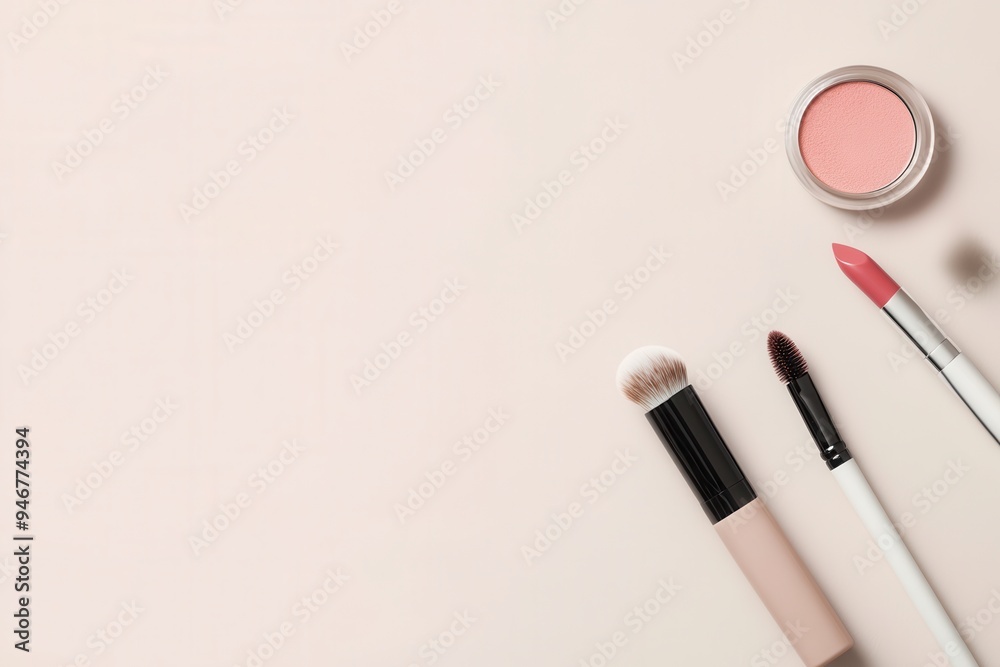 A neatly arranged set of cosmetic products showcases lipstick, brushes, and powder on a soft, light background for beauty lovers. Generative AI A neatly arranged set of cosmetic products showcases lipstick, brushes, and powder on a soft, light background for beauty lovers. Generative AI
