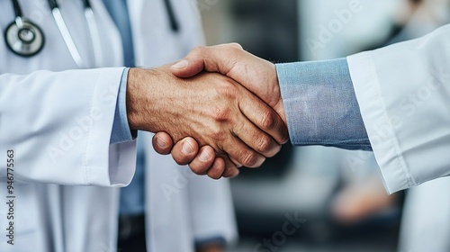 doctor shakes hands with patient in hospital bed. copy space for text.