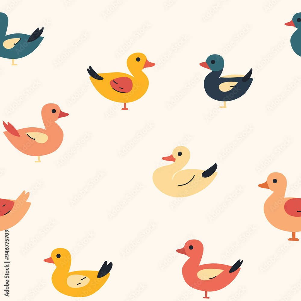 Obraz premium Cute seamless pattern with flat design ducks, pastel background
