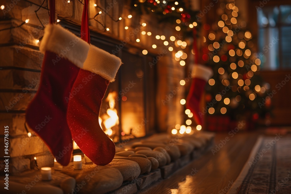 This minimalist image captures the essence of Christmas cheer with holiday lights elegantly strung around a cozy fireplace, featuring prominently displayed stockings This minimalist image captures the essence of Christmas cheer with holiday lights elegantly strung around a cozy fireplace, featuring prominently displayed stockings