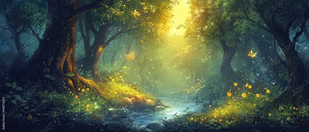 Obraz premium Enchanting Forest Path With Stream, Sunlight, And Butterflies