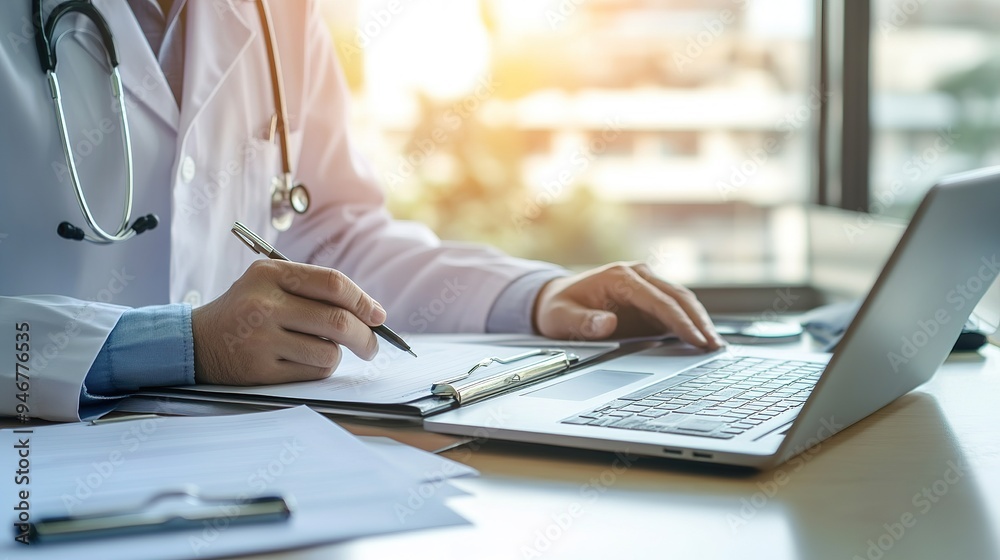 Naklejka premium Doctor working on laptop computer, writing prescription clipboard with record information paper folders on desk in clinic, Healthcare and medical concept. copy space for text.