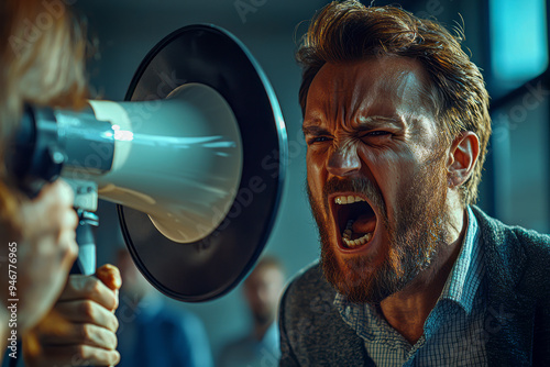 Furious CEO berates employee with megaphone in office, intense workplace conflict and pressure, close-up shot capturing heated quarrel. photo