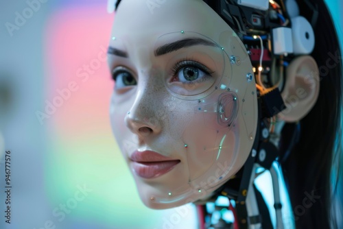 Close-up of a female humanoid robot with exposed cybernetic components, showing a blend of realistic human-like skin, freckles, and intricate internal wiring