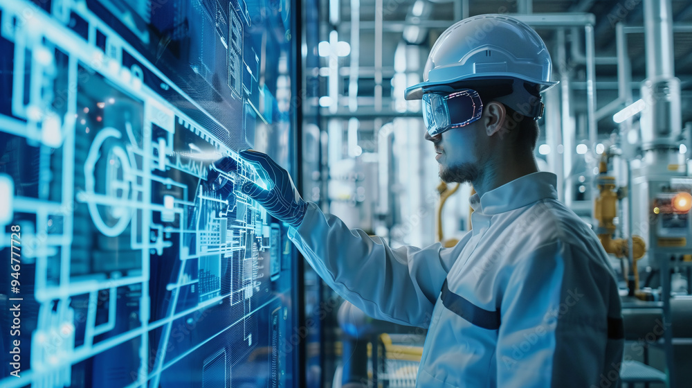 Engineer Operating Futuristic Touchscreen in Industrial Control Room Engineer Operating Futuristic Touchscreen in Industrial Control Room