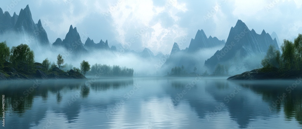 Naklejka premium Misty Mountain Range Reflecting in a Still Lake