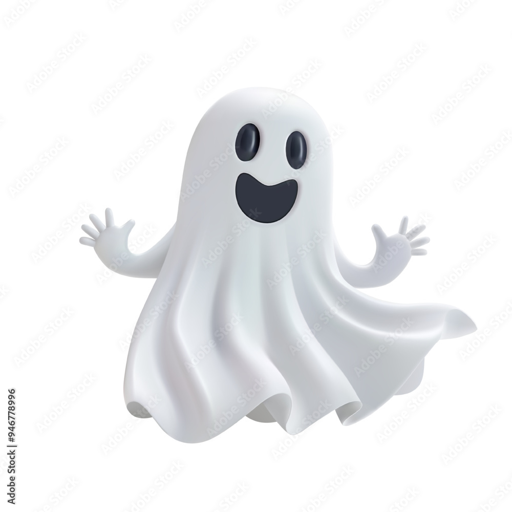 Halloween cute ghost 3d vector render. Flying cartoon character scary smile face. White sheet party costume png render. Funny boo illustration, plasticine spirit phantom, groovy poltergeist hug hands Halloween cute ghost 3d vector render. Flying cartoon character scary smile face. White sheet party costume png render. Funny boo illustration, plasticine spirit phantom, groovy poltergeist hug hands