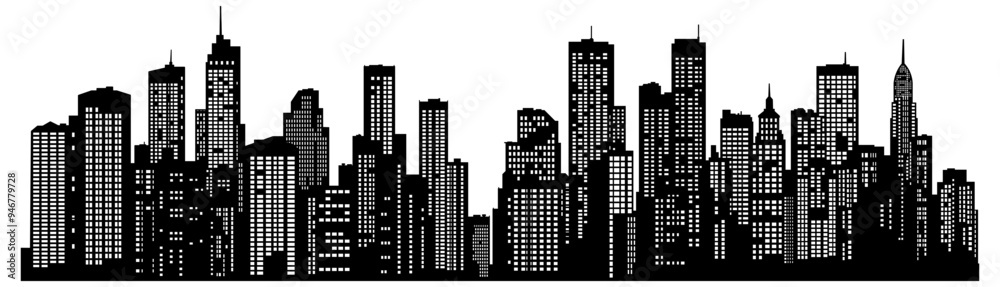 black and white city silhouette without background
