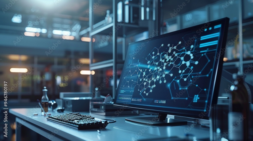 Visualization of a 3D molecular structure on a monitor in a dimly lit research facility highlighting AI advancements in battery technology Visualization of a 3D molecular structure on a monitor in a dimly lit research facility highlighting AI advancements in battery technology