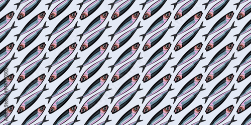 Vector seamless pattern with sardines on light blue background