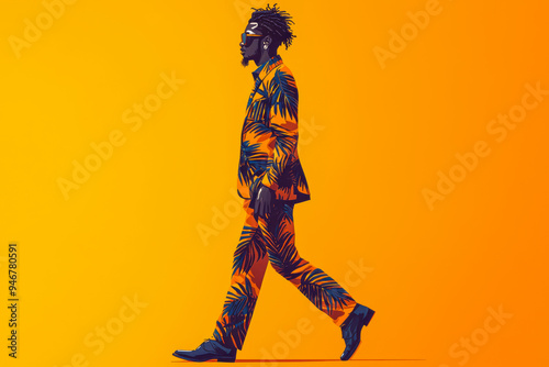 African Man in Stylish Orange and Navy Blue Suit: Full Body Cartoon Illustration on Solid Color Background photo