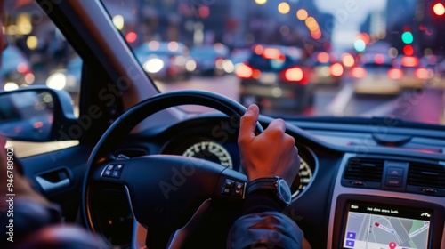 Evening city traffic with ridesharing driver navigating busy streets during rush hour