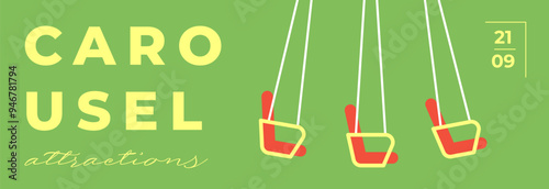 Amusement park festive minimal trendy horizontal banner with children attraction rotating carousel. Carnival funfair minimalistic creative design flyer. Summer holiday fun fair festival flat card
