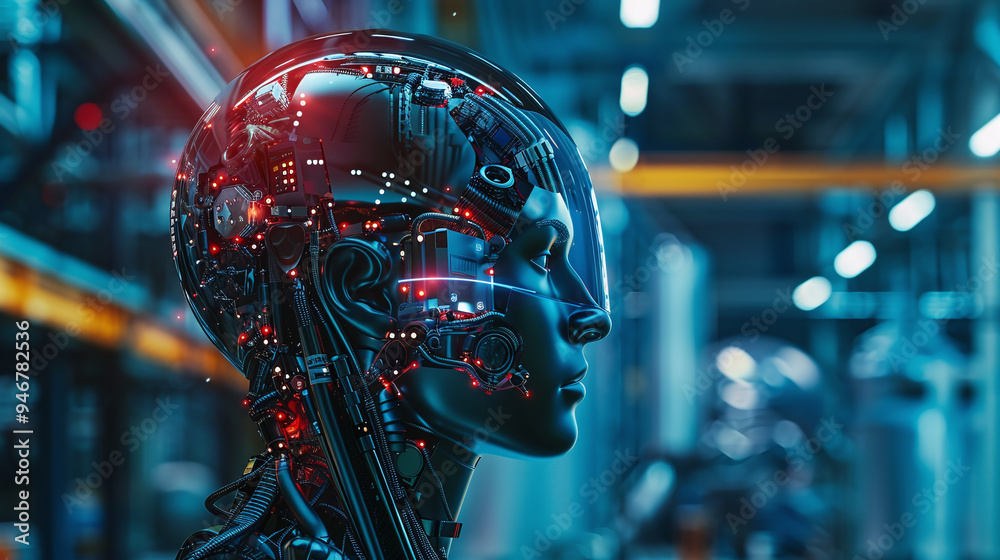 High-Tech Cybernetic Head in Industrial Setting High-Tech Cybernetic Head in Industrial Setting