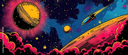 Comic abstract pop art background featuring a space illustration