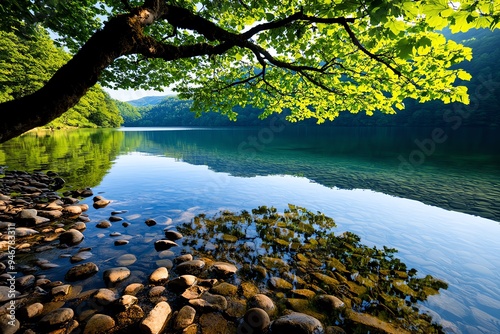 Lake in the early morning light, captured in a photo where the world is still waking up, and the water is calm and peaceful