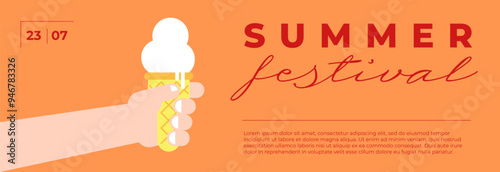 Summer festival minimal trendy horizontal banner with ice cream in hand. Carnival funfair minimalistic creative design flyer. Holiday fun fair festive simple flat vector eps greeting card template
