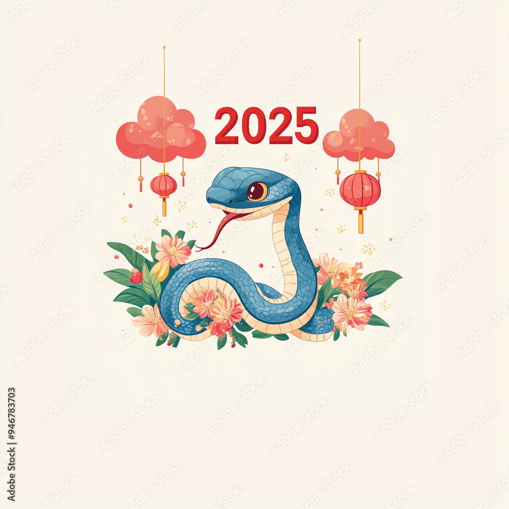 Obraz premium A cute cartoon baby blue cobra wraps around the gold 