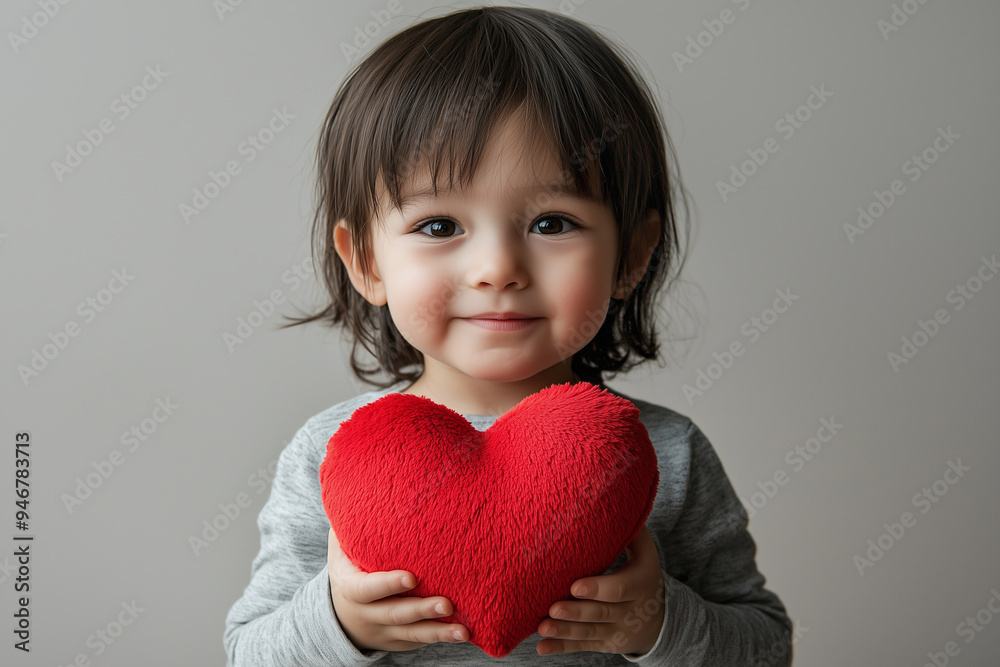 a child of Kazakh nationality holding a plush heart in his hands. On a light background. This is a promotional photo with space for text to advertise an appointment with a pediatric cardiologist a child of Kazakh nationality holding a plush heart in his hands. On a light background. This is a promotional photo with space for text to advertise an appointment with a pediatric cardiologist