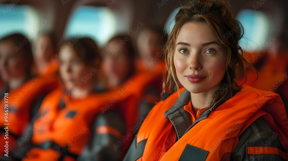A woman in an orange life jacket is smiling at the camera A woman in an orange life jacket is smiling at the camera