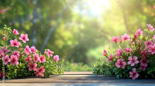 Wallpaper Mural A serene garden scene featuring vibrant pink flowers and soft sunlight, perfect for showcasing nature's beauty and tranquility. Torontodigital.ca