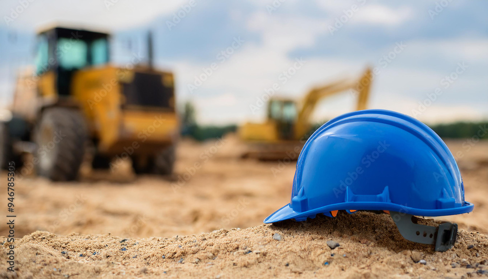 Protective helmet on sand. Blurred heavy equipment in the background. Construction site. Protective helmet on sand. Blurred heavy equipment in the background. Construction site.