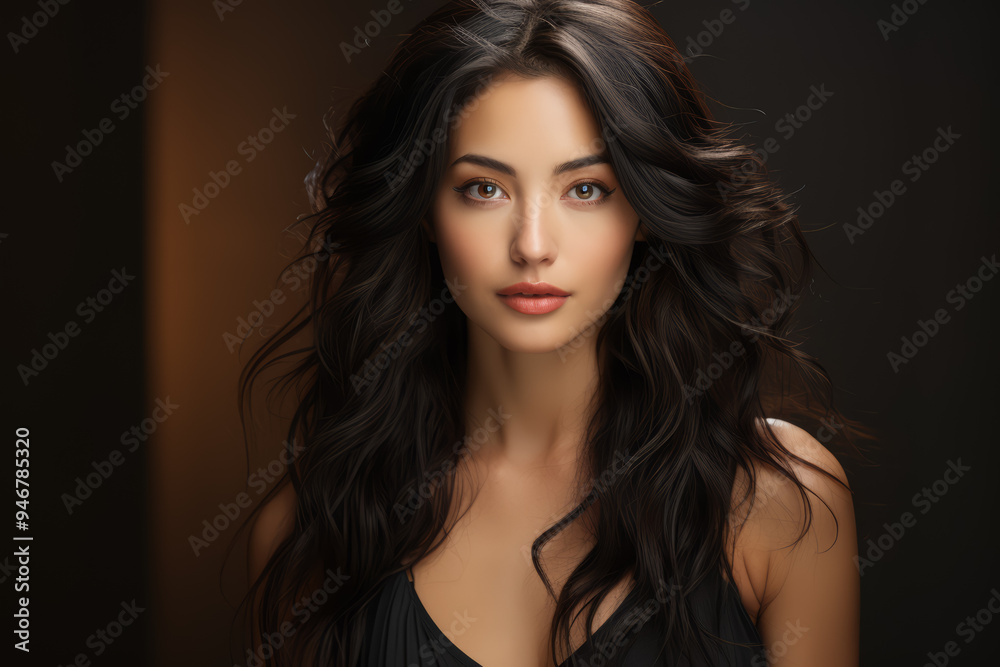Fototapeta premium A portrait of a person with lustrous black hair cascading over their shoulders, radiating confidence. Concept of self-assurance and allure. Generative Ai.