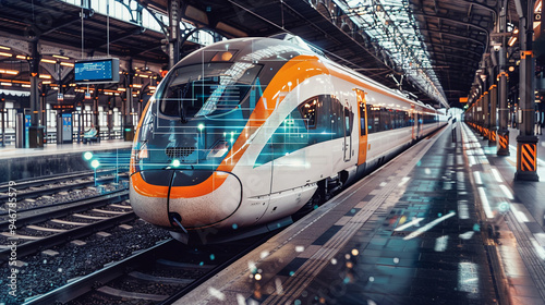 Futuristic Train in a High-Tech Railway Station
