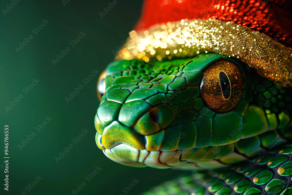 Fototapeta premium Christmas snake, symbol of the year, wearing santa hat on snowy background. 2025 is lunar year of green wooden snake. Christmas banner. Chinese Happy New Year and Merry Christmas