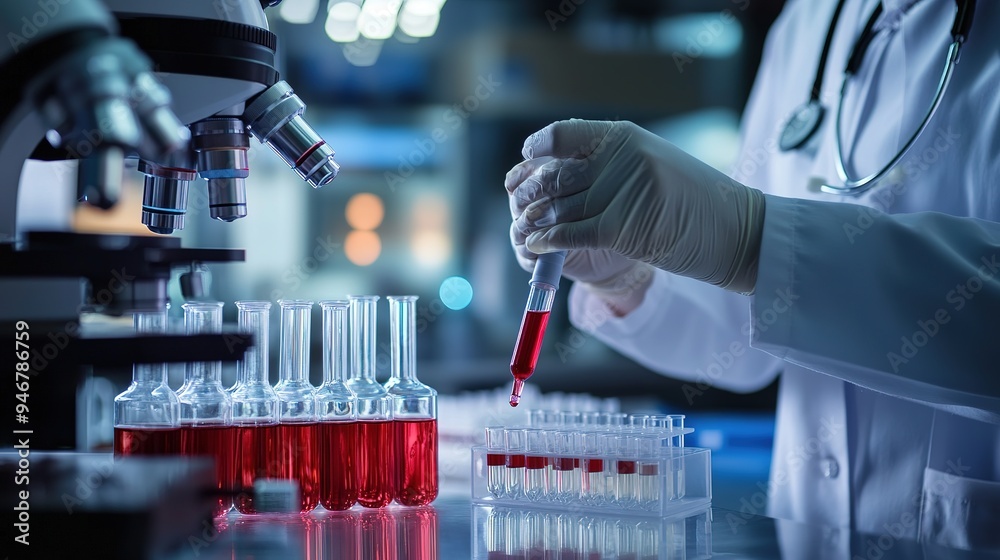 Healthcare and medical research, Doctor team with blood sample test and chemical in lab, Science concept. copy space for text.