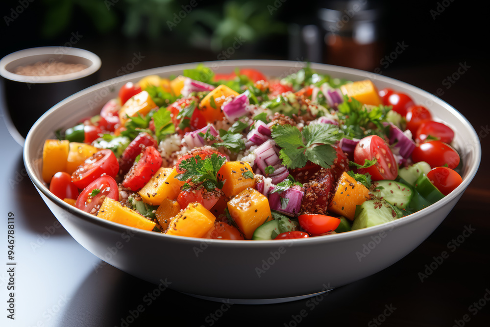 A bowl of colorful quinoa salad with diced vegetables, tailored for a child’s taste. Concept of nutritious meals and diversity. Generative Ai. A bowl of colorful quinoa salad with diced vegetables, tailored for a child’s taste. Concept of nutritious meals and diversity. Generative Ai.