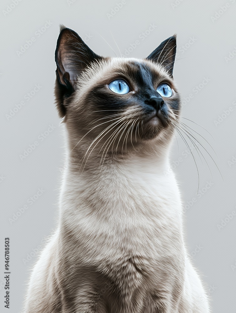 A close-up portrait of a Siamese cat with striking blue eyes looking upwards. A close-up portrait of a Siamese cat with striking blue eyes looking upwards.