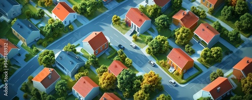 Aerial view of a suburban neighborhood featuring houses, trees, and winding streets, showcasing a peaceful residential landscape.